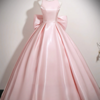 Lovely Pink Satin Prom Dresses Ball Gown Square Neckline Sleeveless Backless Bow Floor-Length / Long Formal Dresses - Thumbnail 1
