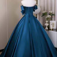 Blue Long Formal Dress,A-Line Satin Blue Long Prom Dress - Thumbnail 3