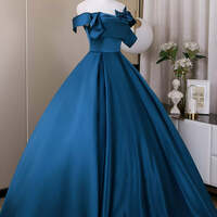 Blue Long Formal Dress,A-Line Satin Blue Long Prom Dress - Thumbnail 2