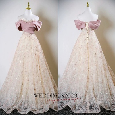 Elegant Pink Beading Appliques Prom Dresses Off-The-Shoulder Short Sleeve Backless Sweep Train Tulle Formal Dresses