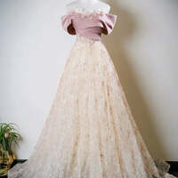 Elegant Pink Beading Appliques Prom Dresses Off-The-Shoulder Short Sleeve Backless Sweep Train Tulle Formal Dresses - Thumbnail 2