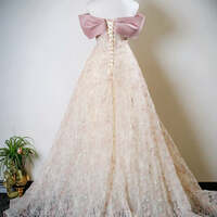 Elegant Pink Beading Appliques Prom Dresses Off-The-Shoulder Short Sleeve Backless Sweep Train Tulle Formal Dresses - Thumbnail 3