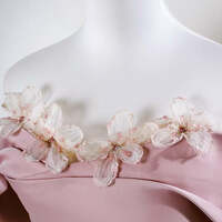 Elegant Pink Beading Appliques Prom Dresses Off-The-Shoulder Short Sleeve Backless Sweep Train Tulle Formal Dresses - Thumbnail 5