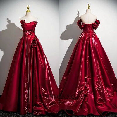 Beautiful Burgundy Sweep Train Prom Dresses  Ball Gown Off-The-Shoulder Short Sleeve Backless Formal Dresses