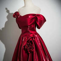 Beautiful Burgundy Sweep Train Prom Dresses  Ball Gown Off-The-Shoulder Short Sleeve Backless Formal Dresses - Thumbnail 2