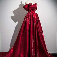 Beautiful Burgundy Sweep Train Prom Dresses  Ball Gown Off-The-Shoulder Short Sleeve Backless Formal Dresses - Thumbnail 3