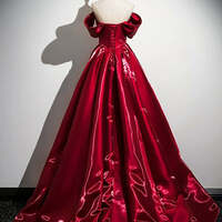 Beautiful Burgundy Sweep Train Prom Dresses  Ball Gown Off-The-Shoulder Short Sleeve Backless Formal Dresses - Thumbnail 4