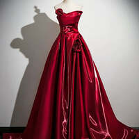 Beautiful Burgundy Sweep Train Prom Dresses  Ball Gown Off-The-Shoulder Short Sleeve Backless Formal Dresses - Thumbnail 1