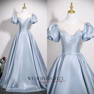 A-line puff sleeves satin blue long prom dress, blue long formal dress