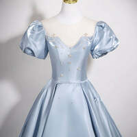 A-Line Puff Sleeves Satin Blue Long Prom Dress, Blue Long Formal Dress - Thumbnail 2