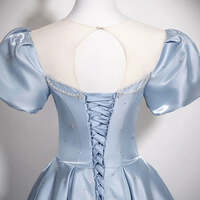 A-Line Puff Sleeves Satin Blue Long Prom Dress, Blue Long Formal Dress - Thumbnail 4