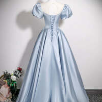 A-Line Puff Sleeves Satin Blue Long Prom Dress, Blue Long Formal Dress - Thumbnail 5