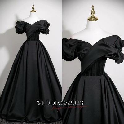 Black prom dresses ball gown off-the-shoulder puffy short sleeve backless floor-length / long prom formal dresses