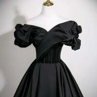 Black Prom Dresses Ball Gown Off-The-Shoulder Puffy Short Sleeve Backless Floor-Length / Long Prom Formal Dresses - Thumbnail 3