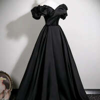 Black Prom Dresses Ball Gown Off-The-Shoulder Puffy Short Sleeve Backless Floor-Length / Long Prom Formal Dresses - Thumbnail 4