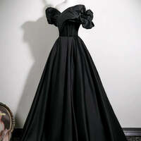 Black Prom Dresses Ball Gown Off-The-Shoulder Puffy Short Sleeve Backless Floor-Length / Long Prom Formal Dresses - Thumbnail 1