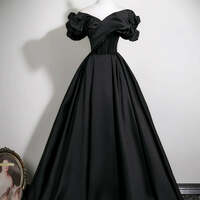 Black Prom Dresses Ball Gown Off-The-Shoulder Puffy Short Sleeve Backless Floor-Length / Long Prom Formal Dresses - Thumbnail 2