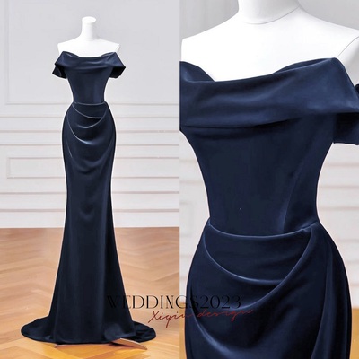 Navy Velvet Long Prom Dress, Mermaid Off the Shoulder Party Dress