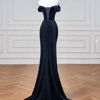 Navy Velvet Long Prom Dress, Mermaid Off the Shoulder Party Dress - Thumbnail 1