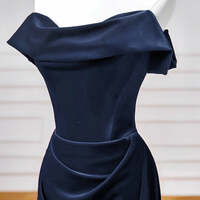 Navy Velvet Long Prom Dress, Mermaid Off the Shoulder Party Dress - Thumbnail 2