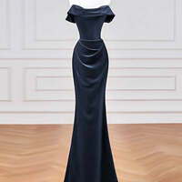 Navy Velvet Long Prom Dress, Mermaid Off the Shoulder Party Dress - Thumbnail 4