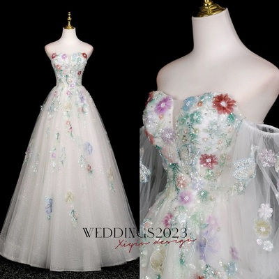 Beautiful tulle sequins long prom dress, white off the shoulder formal dress