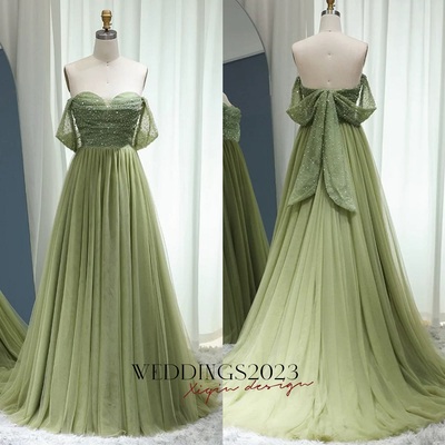 Elegant off shoulder sage evening dress for women wedding guest beaded arab long formal party gown 