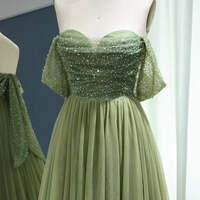 Elegant Off Shoulder Sage Evening Dress for Women Wedding Guest Beaded Arab Long Formal Party Gown  - Thumbnail 2