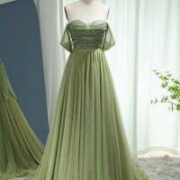 Elegant Off Shoulder Sage Evening Dress for Women Wedding Guest Beaded Arab Long Formal Party Gown  - Thumbnail 1