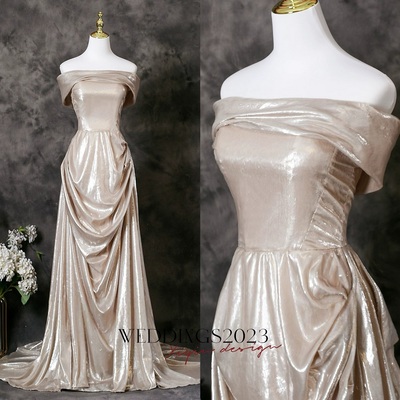 Champagne a-line off shoulder  long prom dress, champagne long formal dress