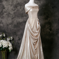 Champagne A-Line Off Shoulder  Long Prom Dress, Champagne Long Formal Dress - Thumbnail 2