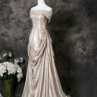 Champagne A-Line Off Shoulder  Long Prom Dress, Champagne Long Formal Dress - Thumbnail 3