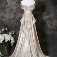 Champagne A-Line Off Shoulder  Long Prom Dress, Champagne Long Formal Dress - Thumbnail 4