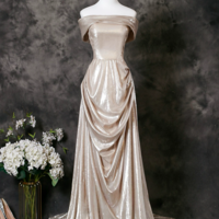 Champagne A-Line Off Shoulder  Long Prom Dress, Champagne Long Formal Dress - Thumbnail 1