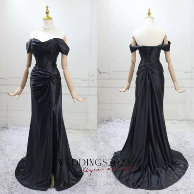 Black Mermaid Satin Off Shoulder Long Evening Dress, Black Satin Formal Dress Party Dress