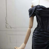 Black Mermaid Satin Off Shoulder Long Evening Dress, Black Satin Formal Dress Party Dress - Thumbnail 2