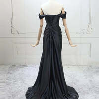 Black Mermaid Satin Off Shoulder Long Evening Dress, Black Satin Formal Dress Party Dress - Thumbnail 1