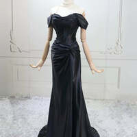 Black Mermaid Satin Off Shoulder Long Evening Dress, Black Satin Formal Dress Party Dress - Thumbnail 5