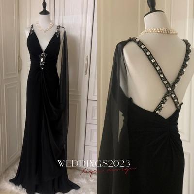 Black maxi dress with rhinestone detailing floor length prom dresses