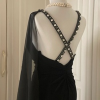 Black Maxi Dress with Rhinestone Detailing Floor Length Prom Dresses - Thumbnail 6