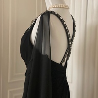 Black Maxi Dress with Rhinestone Detailing Floor Length Prom Dresses - Thumbnail 7