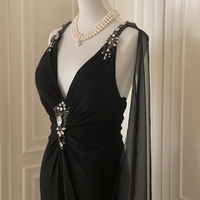 Black Maxi Dress with Rhinestone Detailing Floor Length Prom Dresses - Thumbnail 2