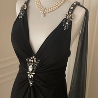 Black Maxi Dress with Rhinestone Detailing Floor Length Prom Dresses - Thumbnail 3