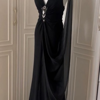 Black Maxi Dress with Rhinestone Detailing Floor Length Prom Dresses - Thumbnail 1
