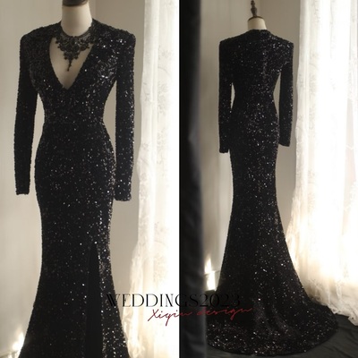 Black sequin long sleeve dress with deep v neck black sequin long