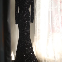 Black Sequin Long Sleeve Dress With Deep V Neck Black Sequin Long - Thumbnail 4