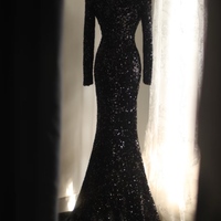 Black Sequin Long Sleeve Dress With Deep V Neck Black Sequin Long - Thumbnail 3