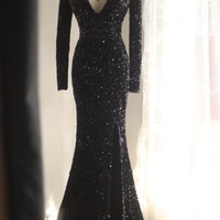 Black Sequin Long Sleeve Dress With Deep V Neck Black Sequin Long - Thumbnail 1