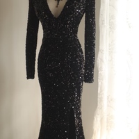 Black Sequin Long Sleeve Dress With Deep V Neck Black Sequin Long - Thumbnail 2