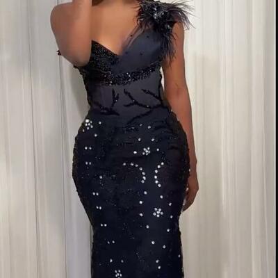 Black beading mermaid african girls prom dresses evening formal gown beading crystals birthday party dress